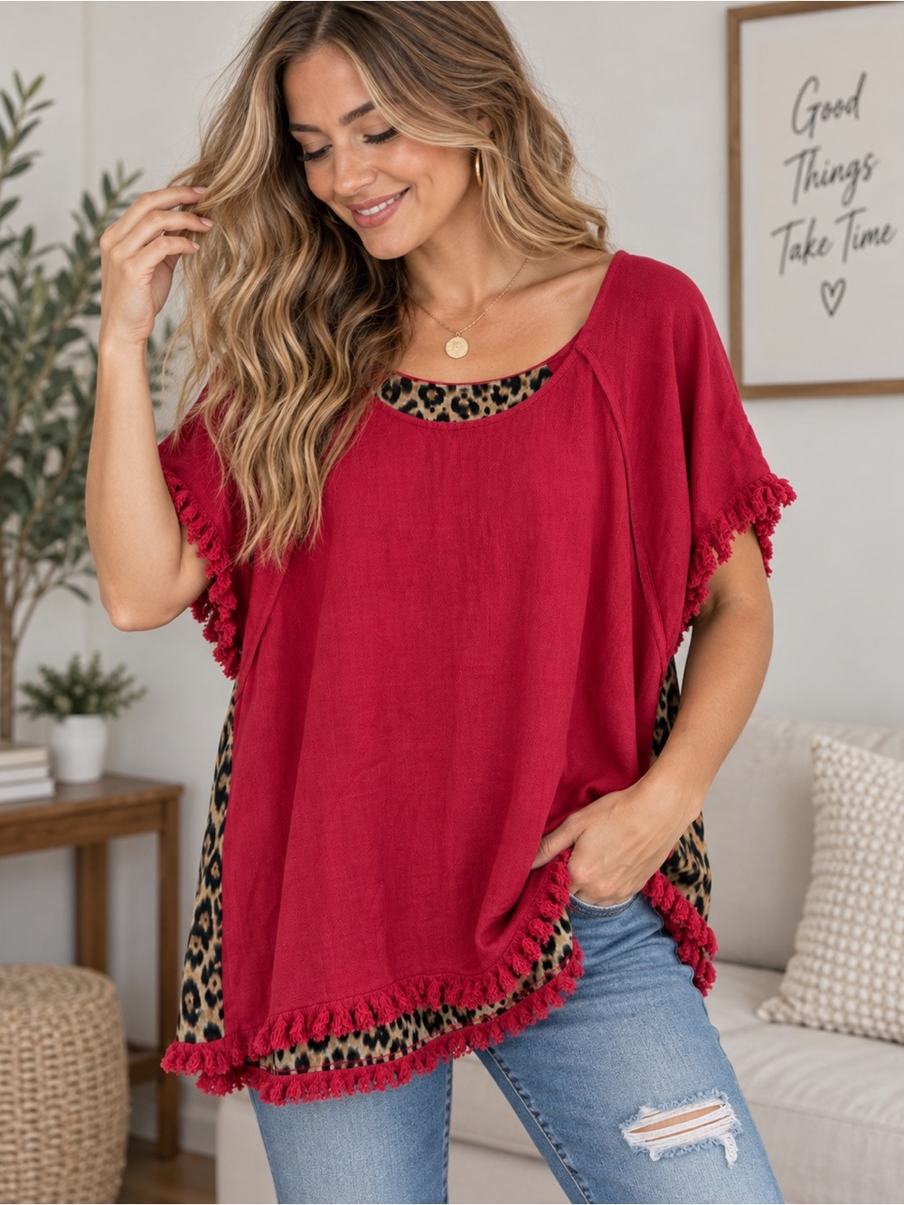 Umgee Women’s L Red Leopard Trim Fringe Tunic Top Boho Short Sleeve